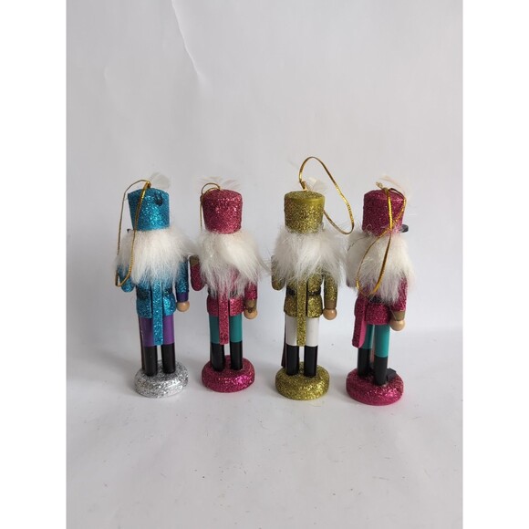 Vtg Set of 4 Glitter Nutcracker Soldier Christmas Ornaments 5 1/4" Wood - Picture 4 of 6